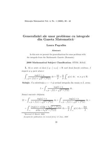 Generaliz˘ari ale unor probleme cu integrale din Gazeta Matematic˘a 1