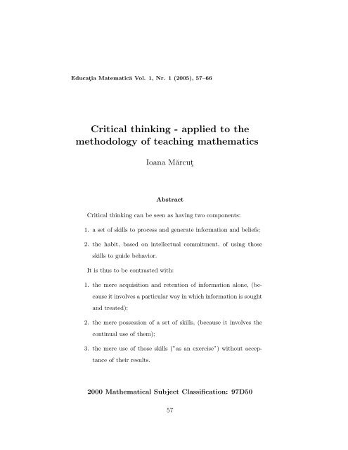 Critical thinking - applied to the methodology of teaching mathematics
