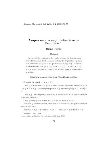 Asupra unor ecuaţii diofantine cu factoriale - "Lucian Blaga" din Sibiu