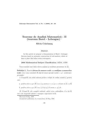 Teoreme de Analiz˘a Matematic˘a - II (teorema Borel - Lebesgue) 1