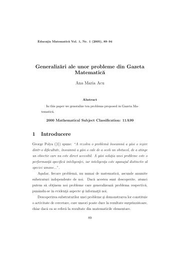 Generaliz˘ari ale unor probleme din Gazeta Matematic˘a 1 Introducere