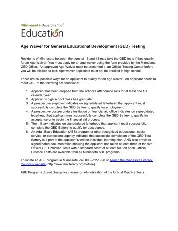Download the Age Waiver Form and Instructions - GED Testing ...