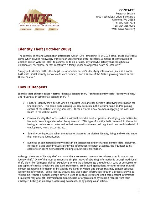 Identity Theft National White Collar Crime Center