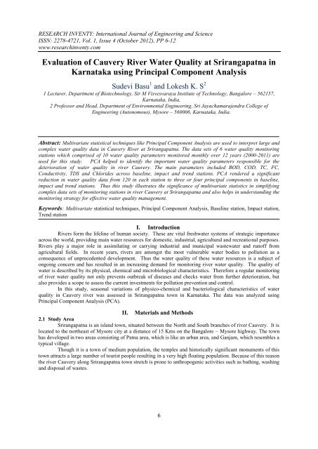Evaluation Of Cauvery River Water Quality At Research Inventy