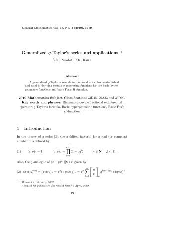 Generalized q-Taylor's series and applications 1 Introduction