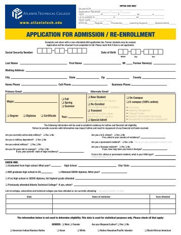 application for admission / re-enrollment - Atlanta Technical College