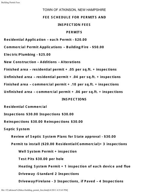 Building Permit Fees - Town Of Atkinson
