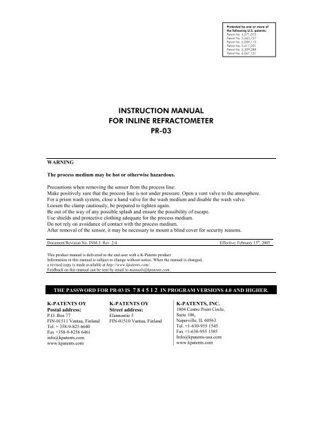 instruction manual for inline refractometer pr-03 - K-Patents