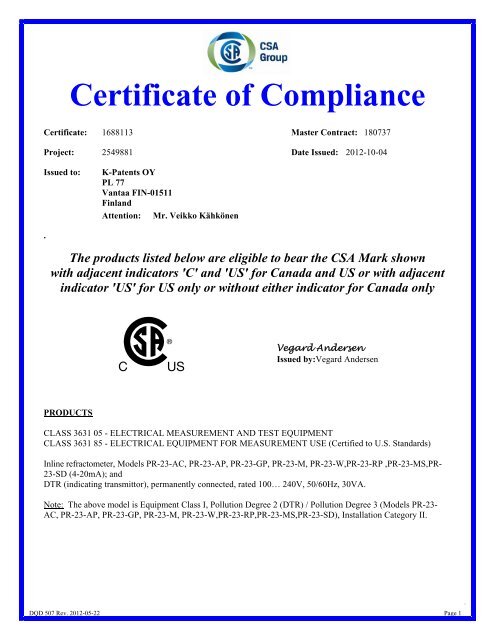 CSA safety certificate for PR-23 Models - K-Patents