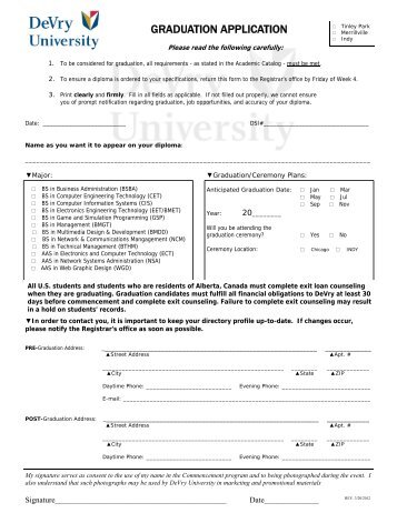 GRADUATION APPLICATION - Devry - Tinley Park - DeVry University