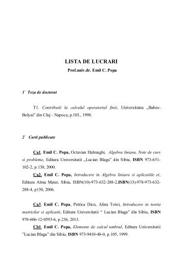 LISTA DE LUCRARI - Facultatea de Stiinte - "Lucian Blaga" din Sibiu