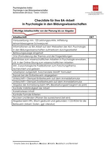Checkliste fÃ¼r die Bachelor-Arbeit in Psychologie - Psychologie in ...