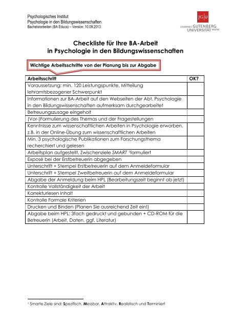 Checkliste fÃ¼r die Bachelor-Arbeit in Psychologie - Psychologie in ...