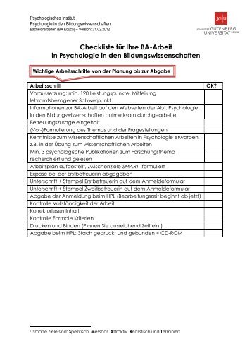 Checkliste fÃ¼r Ihre BA-Arbeit in Psychologie in den ...