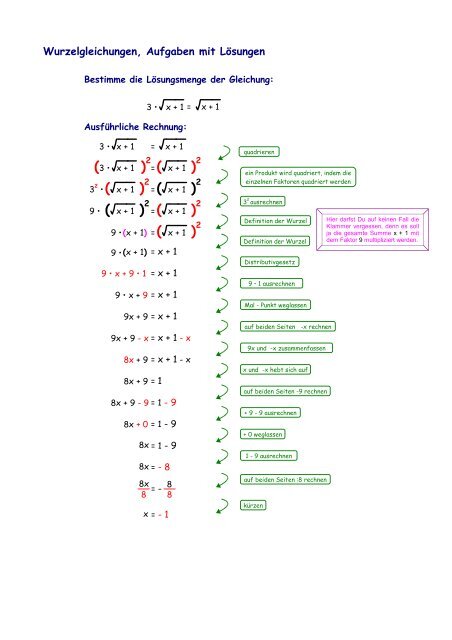 Wurzelgleichungen, Aufgaben mit LÃ¶sungen - Mathematik-Werkstatt