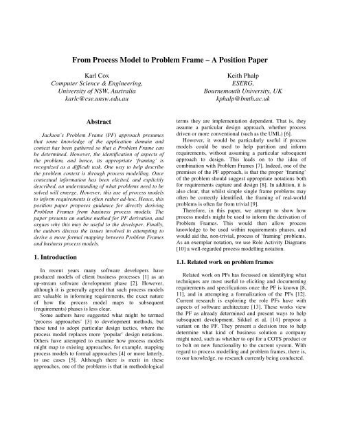 From Process Model to Problem Frame – A Position Paper - CRI