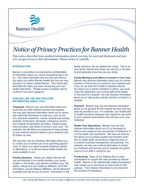 Notice Of Privacy Practices Fact Sheet Banner Health