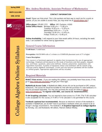Math College Algebra Faculty Staff Georgia Perimeter College Algebra Online Syllabus Faculty Staff Georgia Perimeter
