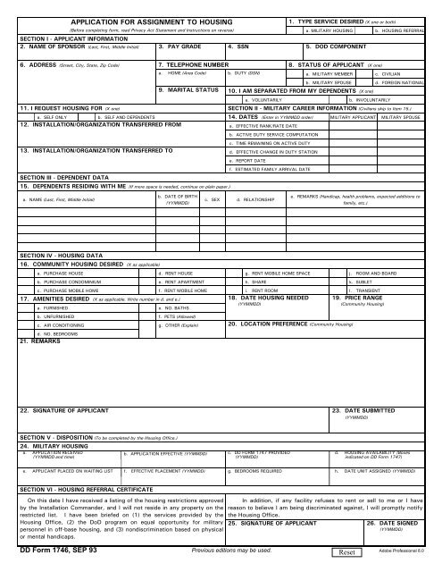 DD Form 1746, Application for Assignment to Housing, September ...