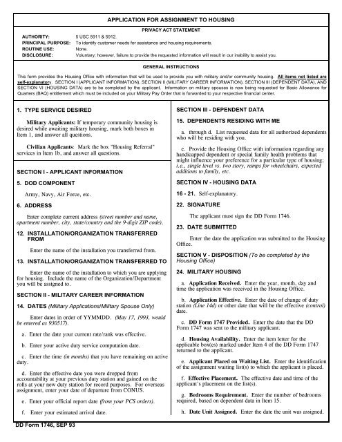DD Form 1746, Application for Assignment to Housing, September ...