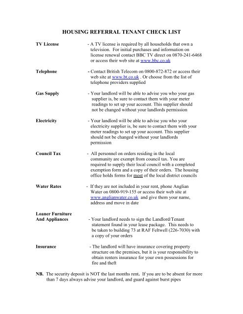 Housing Referral Tenant Checklist