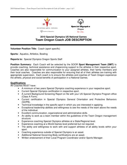 Team Oregon Coach JOB DESCRIPTION - Special Olympics Oregon