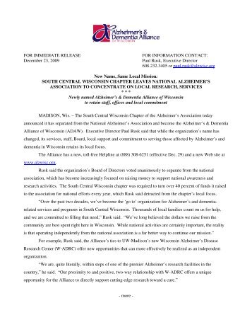 Press release on disaffiliation - Alzheimer's & Dementia Alliance of ...