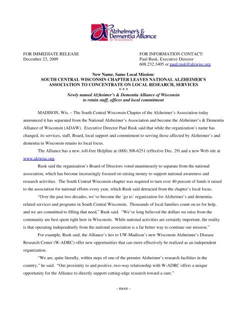 Press release on disaffiliation - Alzheimer's & Dementia Alliance of ...