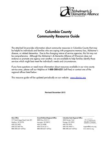 Columbia county resource guide - Alzheimer's & Dementia Alliance ...