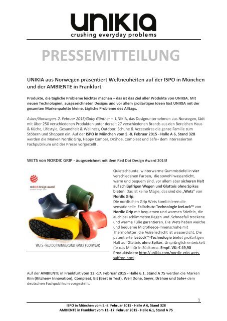 Weltneuheiten von UNIKIA auf der ISPO und AMBIENTE 2015