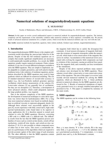 Numerical solutions of magnetohydrodynamic equations - Lublin