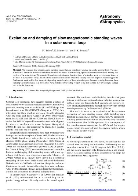 Excitation and damping of slow magnetosonic standing waves in a ...