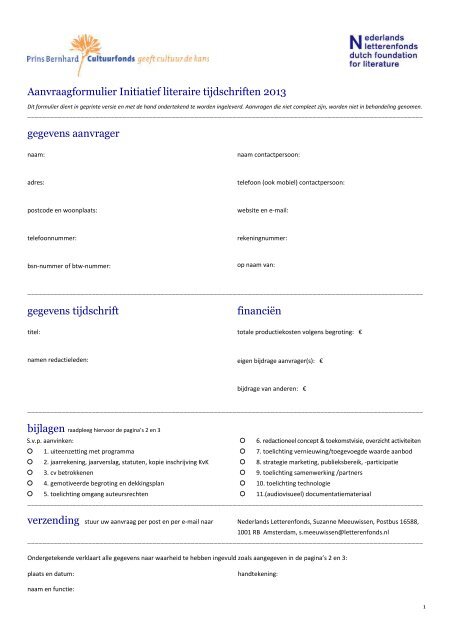 Aanvraagformulier Initiatief literaire tijdschriften 2013 gegevens ...