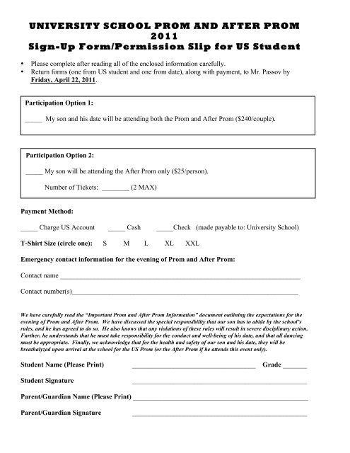 UNIVERSITY SCHOOL PROM AND AFTER PROM 2011 Sign-Up ...
