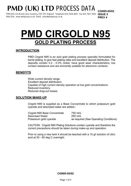PMD CIRGOLD N95 GOLD PLATING PROCESS - PMD Chemicals