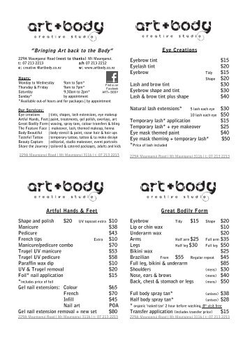 View Price List - beauty service, tattoo, body art, tauranga, mount ...