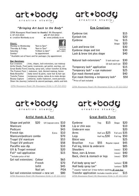 View Price List - beauty service, tattoo, body art, tauranga, mount ...