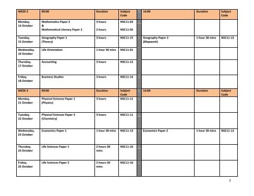 2010 august/september senior certificate examination timetable