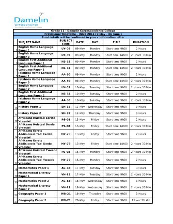 Provisional DCC Timetable High School Grade 11 - June 2011