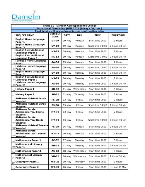 Provisional DCC Timetable High School Grade 11 - June 2011