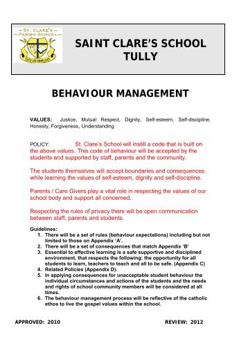 School Behaviour Management Plan - St Clare's School