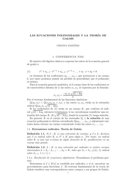 Las Ecuaciones Polinomiales Y La Teora A De Galois 1 Las Ecuaciones Polinomiales Y La Teora A De Galois 1