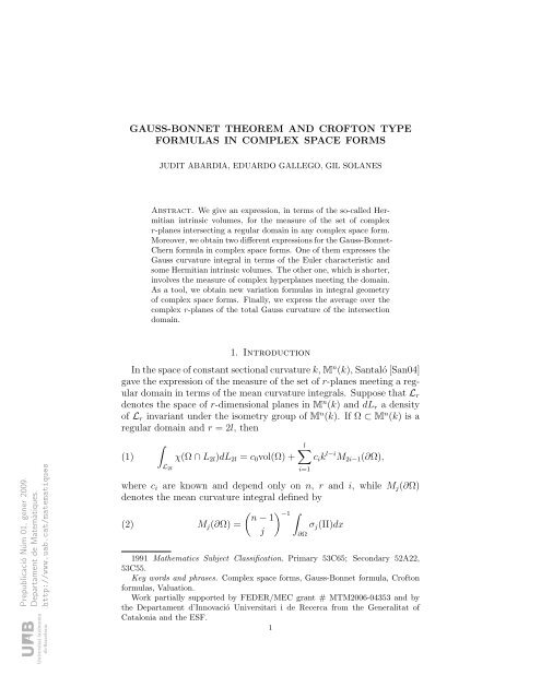 GAUSS-BONNET THEOREM AND CROFTON TYPE FORMULAS IN ...