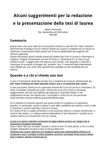 Alcuni suggerimenti per la redazione e la presentazione della tesi di ...