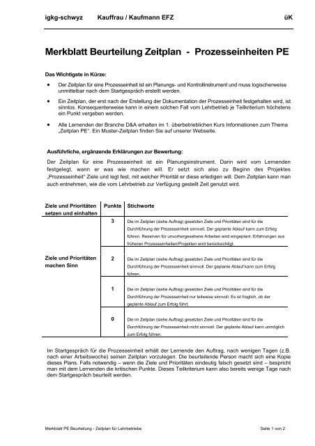 Merkblatt Beurteilung Zeitplan - Prozesseinheiten PE - igkg-schwyz