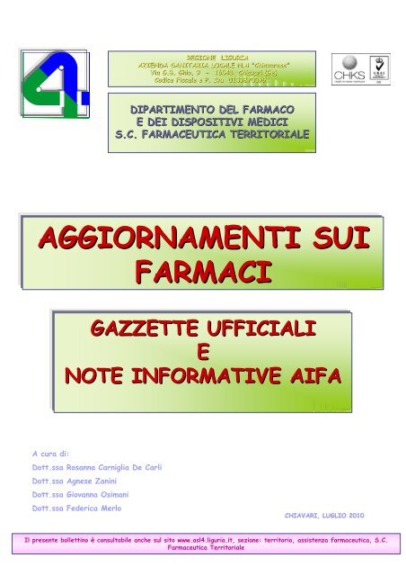 Aggiornamenti sui farmaci: Gazzette Ufficiali e ... - ASL n. 4 Chiavarese