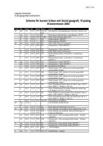 Schema - Kulturgeografiska institutionen, Uppsala universitet