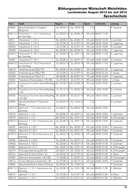 Lernkalender 2013/14 - Bildungszentrum Wirtschaft Weinfelden