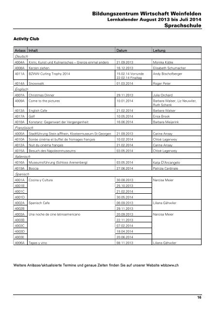 Lernkalender 2013/14 - Bildungszentrum Wirtschaft Weinfelden