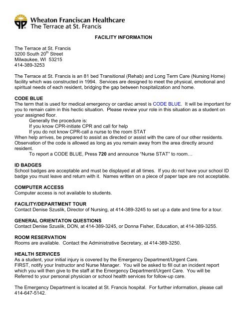 Facility Information The Terrace At St Francis 3200 South